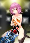  ayasato_karen black_legwear blush breasts collarbone commentary_request covering covering_breasts highres kantai_collection kneeling large_breasts light_smile nude pink_hair red_eyes short_hair solo tairyou-bata tama_(kantai_collection) thighhighs torn_clothes torn_flag torn_legwear 