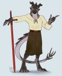  anthro black_scales clothed clothing digitigrade dragon horn melee_weapon one_eye_closed orange_eyes reservoirdog_(artist) scales scar solo sword weapon wink 