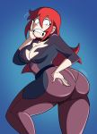  1girl ass ass_grab bodysuit breasts chariot_du_nord clenched_teeth constricted_pupils deep_skin embarrassed from_behind grimphantom huge_ass large_breasts little_witch_academia long_hair looking_back looking_down red_eyes red_hair shiny shiny_chariot shiny_clothes skin_tight solo teeth very_long_hair 