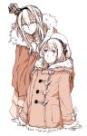  2girls alternate_costume blush bow braid cloak closed_mouth coat commentary_request cropped_torso crown eyebrows_visible_through_hair eyes_closed french_braid fur-trimmed_cloak fur-trimmed_coat fur-trimmed_sleeves fur_trim hair_between_eyes hair_ornament hair_over_shoulder hairband hands_on_another&#039;s_shoulders hat hat_bow hat_ribbon jervis_(kantai_collection) kantai_collection long_hair long_sleeves looking_up mini_crown monochrome multiple_girls ribbon sailor_hat sidelocks simple_background smile warspite_(kantai_collection) white_background yamada_rei_(rou) 