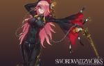  1girl bayonetta black_bodysuit black_gloves black_sclera blazblue bodysuit breasts cape chains dual_wielding glasses gloves grin gun hair_over_one_eye handgun holding jewelry konoe_a_mercury large_breasts long_hair looking_at_viewer open_mouth pink_hair smile swordwaltzworks thighhighs weapon yellow_eyes 