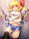  alternate_costume bangs black_legwear black_panties blonde_hair blush camisole commentary_request contemporary cowboy_shot crystal cum cumdrip denim denim_shorts eyebrows_visible_through_hair eyes_visible_through_hair fangs flandre_scarlet floor from_above hair_between_eyes hair_ribbon hand_up head_tilt highres long_hair looking_at_viewer lying m9kndi midriff nail_polish no_hat no_headwear nose_blush on_back one_side_up open_fly open_mouth panties pink_nails red_eyes red_ribbon ribbon school_uniform see-through shadow shirt short_shorts short_sleeves shorts solo thighhighs thighs touhou translation_request unbuttoned underwear white_shirt wing_collar wings 