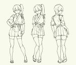  commentary contrapposto grey_background greyscale hakama_skirt hand_on_hip kaga_(kantai_collection) kantai_collection monochrome multiple_views one_side_up parted_lips pas_(paxiti) pose ribbon sandals simple_background standing thighhighs zettai_ryouiki 