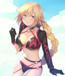  arm_support bikini black_bikini black_gloves blonde_hair blue_eyes blue_sky braid breasts choker cleavage cloud collarbone cosplay day eyebrows_visible_through_hair fate/grand_order fate_(series) floating_hair gloves groin hair_between_eyes jeanne_d'arc_(alter_swimsuit_berserker) jeanne_d'arc_(alter_swimsuit_berserker)_(cosplay) jeanne_d'arc_(fate) jeanne_d'arc_(fate)_(all) large_breasts long_hair looking_at_viewer navel o-ring o-ring_bikini outdoors print_bikini_top shrug_(clothing) single_braid sky solo swimsuit takana_(kurubushisan) very_long_hair 