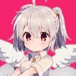  ahoge angel_chromosome_xx blush closed_mouth collared_shirt grey_hair ikeuchi_tanuma multiple_wings neon_genesis_evangelion pink_background red_eyes shirt short_hair short_sleeves simple_background solo tabris tabris-xx two_side_up upper_body white_shirt wing_collar wings 