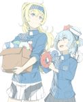  :d alternate_costume alternate_hairstyle blonde_hair blue_eyes blue_hair blue_hairband blue_shirt box dixie_cup_hat double_bun employee_uniform enemy_lifebuoy_(kantai_collection) gambier_bay_(kantai_collection) grey_shirt grey_skirt hairband hat holding holding_box kantai_collection lawson long_hair looking_at_another military_hat multiple_girls name_tag ninimo_nimo open_mouth pleated_skirt ponytail samuel_b._roberts_(kantai_collection) shirt short_hair simple_background skirt smile striped striped_shirt uniform whale white_background white_hat yellow_eyes 