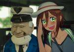  :d backpack bag blew_andwhite brown_hair green_eyes grey_shirt hair_between_eyes hat highres looking_at_viewer open_mouth original salute shirt short_hair short_sleeves smile smug solo statue t-shirt tan upper_body v-shaped_eyebrows white_hat 