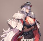  breasts cape cleavage commentary_request crossed_arms fur_trim graf_zeppelin_(azur_lane) hat large_breasts long_hair long_sleeves oda_non peaked_cap red_eyes simple_background uniform upper_body white_hair 