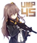  bangs black_gloves black_jacket black_ribbon blush brown_eyes brown_hair character_name closed_mouth commentary_request dress_shirt eyebrows_visible_through_hair fingerless_gloves girls_frontline gloves grey_skirt gun h&amp;k_ump45 hair_between_eyes hair_ornament highres holding holding_gun holding_weapon jacket long_hair neck_ribbon object_namesake one_side_up open_clothes open_jacket pleated_skirt ribbon shinopoko shirt simple_background skirt smile solo ump45_(girls_frontline) weapon white_background white_shirt 