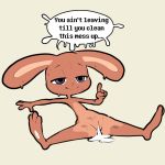  after_sex anthro blue_eyes brown_fur cum cum_in_pussy cum_inside dialogue english_text female fur itsunknownanon lagomorph looking_pleasured lying mammal nude on_back pointing pussy_juice rabbit raised_index_finger simple_background smile solo speech_bubble sweat tan_background text 