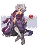  apple bandages cloak food fringe_trim fruit gloves hair_over_one_eye kina_kirin male_focus octopath_traveler scarf short_hair simple_background solo therion_(octopath_traveler) white_hair 