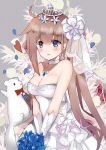  animal bangs bare_shoulders basket blue_eyes blue_flower blush bouquet bow bowtie breasts choker cleavage commentary_request dress elbow_gloves eyebrows_visible_through_hair fal_(girls_frontline) ferret flower girls_frontline gloves hair_between_eyes hair_flower hair_ornament highres holding holding_basket holding_bouquet jewelry light_brown_hair long_hair lunacats medium_breasts parted_lips pendant petals red_neckwear see-through side_ponytail sidelocks solo strapless strapless_dress tiara veil very_long_hair white_choker white_dress white_flower white_gloves 