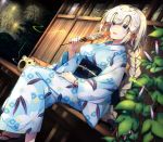  :d black_bow blonde_hair blue_eyes blue_kimono bow bracelet braid dutch_angle eyebrows_visible_through_hair fan fate/apocrypha fate_(series) fireworks floral_print hair_between_eyes hair_bow hand_on_lap headpiece holding holding_fan japanese_clothes jeanne_d'arc_(fate) jeanne_d'arc_(fate)_(all) jewelry kimono long_hair night obi open_mouth outdoors print_kimono red_ribbon ribbon saipaco sash single_braid sitting smile smoke solo veranda very_long_hair yukata 