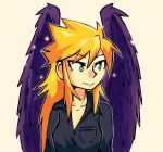  black_shirt blonde_hair breast_pocket breath_of_fire closed_mouth collared_shirt feathered_wings green_eyes grey_background long_hair nina_(breath_of_fire_ii) pocket popped_collar purple_wings setz shirt simple_background smile solo sparkle upper_body wing_collar wings 