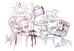  2018 beverage coffee cup duo eating english_text equine female feral friendship_is_magic horn jowybean mammal my_little_pony princess_celestia_(mlp) simple_background sitting starlight_glimmer_(mlp) table text trixie_(mlp) unicorn white_background 