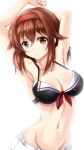  alternate_costume amou_yuu armpits bare_shoulders bikini breasts brown_eyes brown_hair cleavage commentary_request eyebrows_visible_through_hair hair_between_eyes hair_flaps hairband hands_up kantai_collection looking_at_viewer medium_breasts navel shiratsuyu_(kantai_collection) short_hair simple_background smile solo swimsuit white_background 