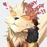  &lt;3 2017 ambiguous_gender arcanine black_nose clothed clothing duo english_text eyes_closed feral hair human male mammal nintendo pok&eacute;mon pok&eacute;mon_(species) skarltano teeth text video_games 