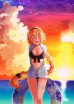  arms_behind_back ass_visible_through_thighs bikini black_bikini black_hairband blonde_hair blurry blurry_background blush braid breasts cleavage closed_eyes cloud collarbone eyebrows_visible_through_hair fate/grand_order fate_(series) floating_hair floral_print front-tie_bikini front-tie_top fukemachi gradient_sky grey_jacket hair_between_eyes hair_ornament hairband head_tilt highres innertube jacket jeanne_d'arc_(fate)_(all) jeanne_d'arc_(swimsuit_archer) large_breasts long_hair navel ocean open_clothes open_jacket open_mouth outdoors partially_unzipped print_innertube shiny shiny_hair single_braid sky smile solo standing star_(sky) starry_sky sun sunset swimsuit thigh_gap very_long_hair 