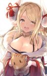  1girl :d animal armpit_crease backlighting bangs bare_shoulders black_bra blurry blush boar bra breasts brown_hair carrying chinese_zodiac cleavage collar collarbone commentary_request depth_of_field eyebrows_visible_through_hair fang fur_collar granblue_fantasy halter_top halterneck highres horn_ribbon horns kuvira_(granblue_fantasy) large_breasts long_hair looking_at_viewer off_shoulder open_mouth pointy_ears red_ribbon ribbon sidelocks smile solo swept_bangs tassel topia underwear upper_body white_background wide_sleeves yellow_eyes 