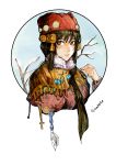  bangs black_hair blue_background brown_eyes capelet closed_mouth commentary_request cross fur_trim hair_ornament hand_up highres hiranko holding long_hair long_sleeves looking_at_viewer original signature solo traditional_clothes 
