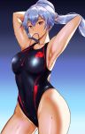  adjusting_hair araimooah armpits arms_up black_swimsuit blush breasts commentary_request competition_swimsuit eyebrows_visible_through_hair fate/grand_order fate_(series) gradient gradient_background hair_between_eyes highleg highleg_swimsuit large_breasts long_hair looking_at_viewer mitsudomoe_(shape) mouth_hold one-piece_swimsuit ponytail red_eyes revision silver_hair solo standing swimsuit tomoe_(symbol) tomoe_gozen_(fate/grand_order) tying_hair wet 