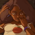  afro breasts brown_hair commentary dark_skin earrings english_commentary jewelry joakim_sandberg lips looking_at_viewer lying nail_polish nose nose_picking on_back original purple_nails small_breasts solo strap_slip upper_body very_dark_skin watch wristwatch 