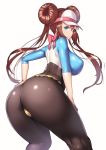  ass black_legwear blue_eyes bow breasts commentary double_bun from_behind hair_bow hand_on_hip hand_on_thigh large_breasts leaning_forward legwear_under_shorts long_hair mei_(pokemon) nagase_haruhito pantyhose pink_bow pokemon pokemon_(game) pokemon_bw2 raglan_sleeves short_shorts shorts simple_background solo visor_cap white_background yellow_shorts 