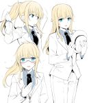  :d arm_behind_back arms_up bangs bespectacled black_neckwear blonde_hair blue_eyes blue_shirt chevalier_d'eon_(fate/grand_order) collared_shirt eyebrows_visible_through_hair fate/grand_order fate_(series) fedora flying_sweatdrops formal glasses hair_tie hand_up hat hat_removed headwear_removed holding holding_hat jacket long_hair long_sleeves looking_at_viewer motion_lines mouth_hold multiple_views necktie open_mouth pants ponytail rui_shi_(rayze_ray) shirt sidelocks simple_background smile suit tying_hair white_background white_jacket white_pants wing_collar 