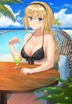  asato_(fadeless) beach black_bikini_top black_bow black_hairband blonde_hair blue_eyes blue_sky blush bow braid breasts cleavage cloud collarbone day drinking_straw eyebrows_visible_through_hair fate/grand_order fate_(series) front-tie_bikini front-tie_top hair_between_eyes hairband highres holding jeanne_d'arc_(fate)_(all) jeanne_d'arc_(swimsuit_archer) large_breasts long_hair looking_at_viewer medium_breasts outdoors palm_tree sideboob single_braid sitting sky smile solo thigh_strap tree very_long_hair 