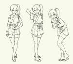  arm_behind_back blush covering covering_breasts covering_crotch embarrassed grey_background greyscale hair_between_eyes hakama_skirt hand_up kaga_(kantai_collection) kantai_collection monochrome multiple_views off_shoulder one_side_up parted_lips pas_(paxiti) sandals short_sleeves simple_background standing tabi thighhighs 
