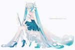  2019 absurdly_long_hair artist_name cape character_name detached_sleeves dress from_side full_body hair_between_eyes hatsune_miku high_heels lirseven long_hair no_headwear scepter simple_background sitting skirt solo thighhighs twintails very_long_hair vocaloid white_background yuki_miku 