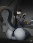  ? anthro anus backsack balls big_butt butt clothing feline food girly huge_butt leopard looking_back male mammal puffy_anus sarki sitting snow_leopard solo thick_thighs thong underwear wide_hips 