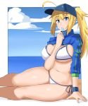  ahoge artoria_pendragon_(all) baseball_cap bikini blonde_hair blue_eyes blush breasts cleavage commentary curvy fate/grand_order fate_(series) food hair_through_headwear hat highres large_breasts long_hair looking_at_viewer mysterious_heroine_xx_(foreigner) navel ponytail popsicle shrug_(clothing) side-tie_bikini sidelocks solo swimsuit takara_joney thick_thighs thighs white_bikini 