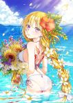  bikini blonde_hair blue_sky bouquet bow braid breasts cloud day fate/apocrypha fate_(series) floating_hair flower from_behind hair_bow hair_flower hair_ornament head_tilt hibiscus highres holding holding_bouquet je35353577 jeanne_d'arc_(fate) jeanne_d'arc_(fate)_(all) lens_flare long_hair looking_at_viewer looking_back outdoors parted_lips petals purple_eyes purple_flower purple_ribbon red_flower red_ribbon ribbon shiny shiny_hair side-tie_bikini sideboob single_braid sky sparkle standing sunlight swimsuit tattoo very_long_hair wading white_bikini white_bow white_flower yellow_ribbon 