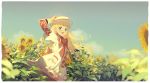  ashita_no_nadja blonde_hair blue_eyes bow bw cloud eyebrows_visible_through_hair flower frills hand_on_headwear hat long_hair nadja_applefield red_bow sky sunflower wind 