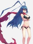  absurdres antenna_hair bikini black_bikini blue_hair bracelet breasts cleavage commentary_request crossed_arms disgaea disgaea_d2 genderswap genderswap_(mtf) grey_background highres jewelry laharl laharl-chan long_hair looking_at_viewer medium_breasts navel pointy_ears red_eyes red_scarf scarf side-tie_bikini simple_background standing swimsuit toima_(beat0829) very_long_hair 