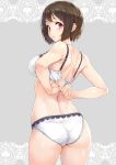  adjusting_bra adjusting_clothes ass back bangs bare_shoulders blush bra breasts brown_hair commentary cowboy_shot from_behind grey_background heart hibike!_euphonium highres large_breasts looking_at_viewer looking_back mole mole_under_eye nagayori nakaseko_kaori panties parted_lips red_eyes shiny shiny_hair shiny_skin short_hair shoulder_blades solo strap_gap underwear underwear_only undressing white_bra white_panties 
