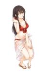  :d akagi_(kantai_collection) asakawa_shinka bikini black_hair breasts cleavage collarbone eyebrows_visible_through_hair from_above full_body hair_between_eyes hair_ornament hair_scrunchie hand_on_lap highres invisible_chair kantai_collection large_breasts long_hair looking_at_viewer open_mouth red_bikini red_scrunchie sarong scrunchie sitting smile solo swimsuit transparent transparent_background yellow_eyes 