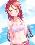  absurdres arm_behind_back armlet bikini blurry blurry_background blush breasts cleavage collarbone dutch_angle floating_hair groin hair_between_eyes halterneck highres long_hair looking_at_viewer love_live! love_live!_sunshine!! navel ocean red_hair sakurauchi_riko shaka_(staito0515) shiny shiny_hair small_breasts smile solo standing swimsuit underwear underwear_only very_long_hair yellow_eyes 