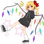  alternate_costume bare_legs black_footwear blonde_hair commentary_request crystal fang_out flandre_scarlet full_body hood hoodie long_hair loose_socks naked_hoodie pink_background red_eyes short_sleeves side_ponytail simple_background smile solo star starry_background touhou two-tone_background white_background wings yuimari 