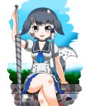  absurdres bangs black_neckwear blue_sky blunt_bangs bow choker crossed_legs day drillhorn_sword eyebrows_visible_through_hair fish_tail hair_bow head_fins highres holding holding_weapon horizon hoyeechun kemono_friends long_hair looking_at_viewer narwhal_(kemono_friends) ocean open_mouth outdoors sailor_collar short_sleeves sitting sitting_on_wall sky smile solo tail very_long_hair weapon 