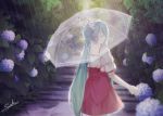  blue_flower blue_hair closed_eyes cowboy_shot flower from_behind hair_between_eyes hair_flower hair_ornament hatsune_miku high-waist_skirt holding holding_umbrella hydrangea kicchan long_hair melt_(vocaloid) rain red_skirt shirt short_sleeves signature skirt smile solo stairs standing transparent transparent_umbrella twintails umbrella very_long_hair vocaloid white_flower white_shirt 