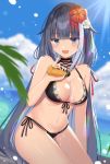  :d azur_lane bangs beach bikini black_bikini black_hair black_nails blue_eyes blue_sky blunt_bangs blurry blurry_background blush bottle breasts cleavage cloud commentary_request day depth_of_field deutschland_(azur_lane) dutch_angle eyebrows_visible_through_hair fang fingernails flower hair_flaps hair_flower hair_ornament highres holding holding_bottle horizon izumo_neru lens_flare light_rays long_hair looking_at_viewer lotion lotion_bottle medium_breasts mole multicolored_hair nail_polish navel ocean open_mouth outdoors pinky_out red_flower red_hair side-tie_bikini sitting sky smile solo streaked_hair swimsuit tree_branch very_long_hair water white_flower white_hair 