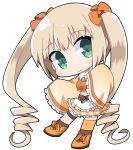 apron bangs blonde_hair bow breasts brown_legwear chibi commentary_request copyright_request detached_sleeves eyebrows_visible_through_hair frilled_apron frilled_sleeves frills full_body fur_collar green_eyes hair_between_eyes hair_bow head_tilt kuhana_ina long_sleeves midriff navel orange_bow orange_footwear orange_shirt orange_skirt osaragi_mitama plaid plaid_skirt ringlets shirt shoes sidelocks skirt sleeveless sleeveless_shirt sleeves_past_fingers sleeves_past_wrists small_breasts socks solo twintails waist_apron white_apron wide_sleeves 