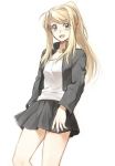  :d bangs bare_legs black_skirt blonde_hair blue_eyes cowboy_shot eyebrows_visible_through_hair fullmetal_alchemist happy jacket long_hair looking_at_viewer open_mouth ponytail riru shirt simple_background skirt smile solo thighs upper_body white_background white_shirt winry_rockbell 