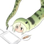  bangs black_eyes blush closed_mouth drawing_tablet eyebrows_visible_through_hair food hair_between_eyes holding holding_stylus lying on_stomach original plate prehensile_tail simple_background skewer snake_costume solo stylus tablet tail white_background yakihebi 