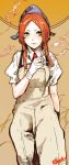  bangs cigarette closed_mouth collared_shirt freckles gloves green_eyes head_scarf highres hiranko holding holding_cigarette long_hair orange_background orange_hair original overalls parted_bangs shirt short_sleeves signature smoking solo standing white_gloves white_shirt wing_collar 