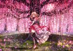  abandon_ranka all_male anthropomorphism aqua_eyes armor blonde_hair blush bow braids cherry_blossoms dress grass katana long_hair male midare_toushirou petals samurai sword thighhighs touken_ranbu trap tree weapon 