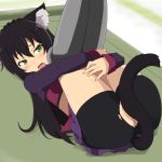  animal_ear_fluff animal_ears ass bike_shorts black_hair cat_ears cat_girl cat_tail commentary_request covering covering_crotch fang gobanme_no_mayoi_neko green_eyes grey_legwear highres isekai_maou_to_shoukan_shoujo_dorei_majutsu kneehighs knees_to_chest leg_hug legs legs_up long_hair lying midriff miniskirt on_back open_mouth purple_shirt purple_skirt rem_galeu self_hug shirt shorts skirt solo tail tail_censor thighs torn_bike_shorts torn_clothes 