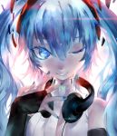  azomo bangs bare_shoulders blue_eyes blue_hair blue_nails bridal_gauntlets commentary fingernails hair_between_eyes hand_up hatsune_miku hatsune_miku_(append) headphones highres looking_at_viewer nail_polish one_eye_closed smile solo twintails upper_body vocaloid vocaloid_append 